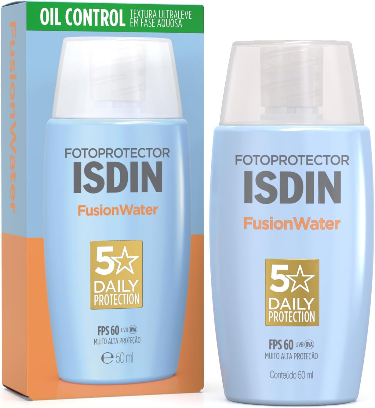 Protetor Solar Facial ISDIN Fusion Water 5 Stars FPS 60 Frasco de protetor solar facial ISDIN Fusion Water 5 Stars em fundo claro destacando sua embalagem compacta