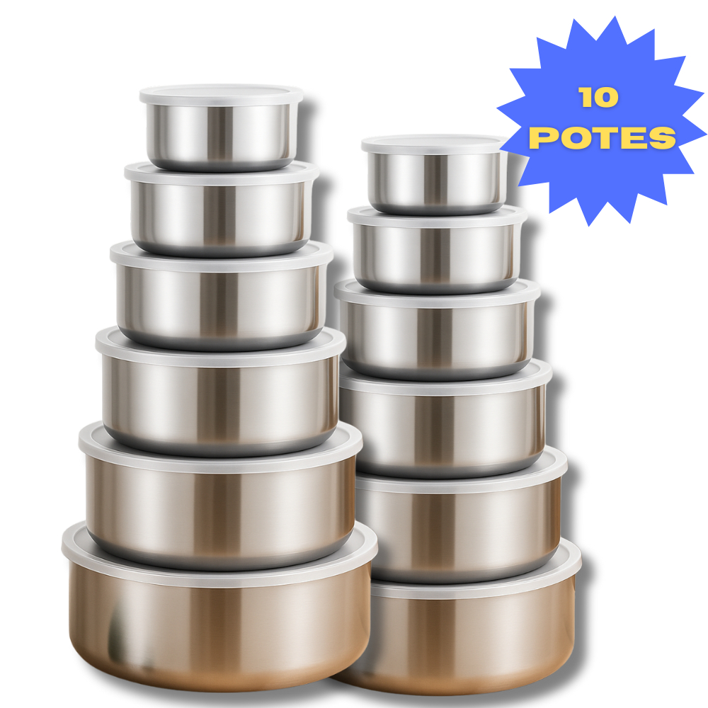 Jogo de 10 Potes em Aço Inox com Tampa Plástica Flexível