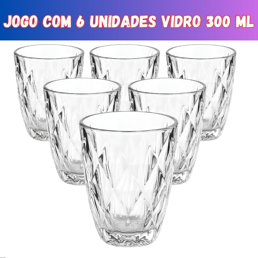 Jogo de 6 Copos Baixos Diamond 300ml em Vidro Grosso