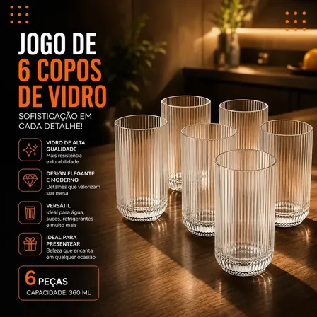 Jogo de 6 Copos de Vidro Canelado 423ml Premium
