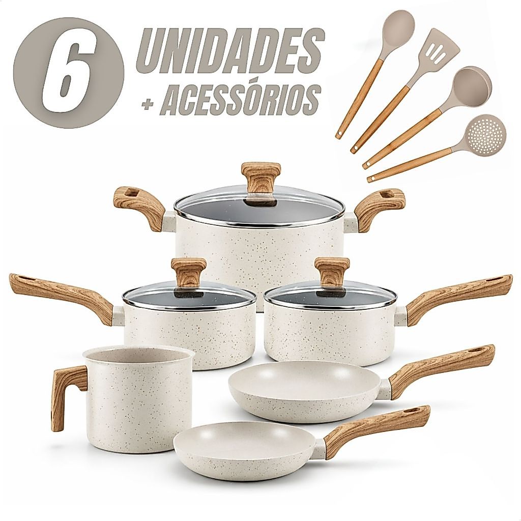 Jogo de Panelas Nivera 6 Peças Antiaderente com 4 Utensílios de Cozinha