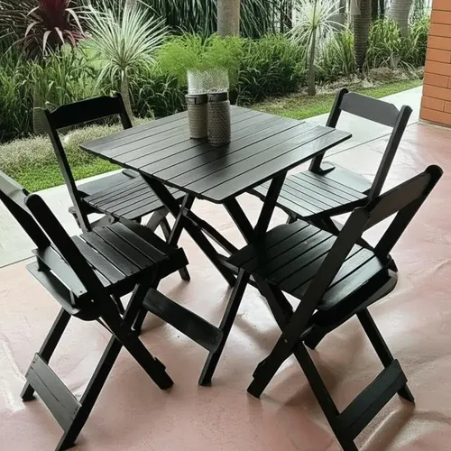 Jogo de Mesa Dobrável 70x70 com 4 Cadeiras em Madeira