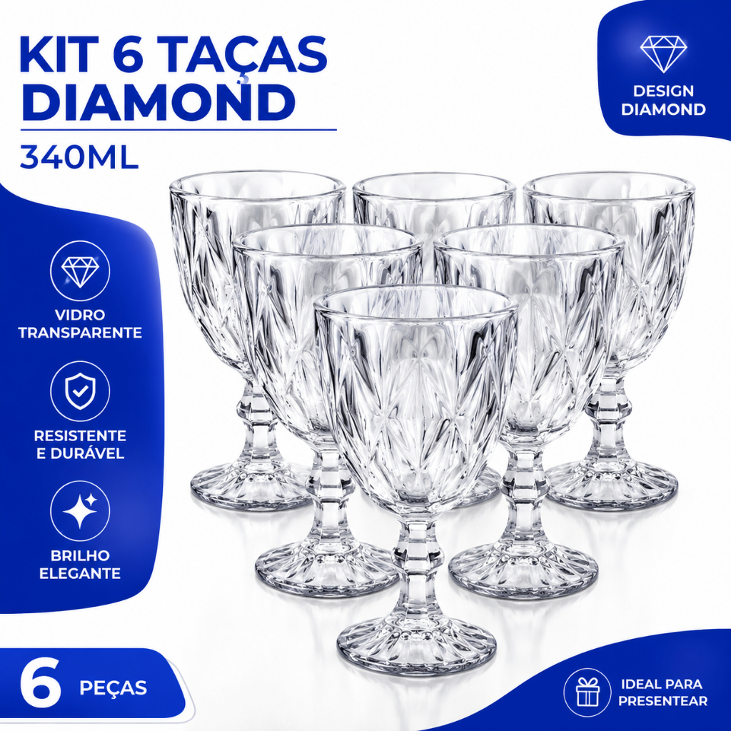 Jogo de Taças de Vidro 340ml Diamond para Água e Vinho
