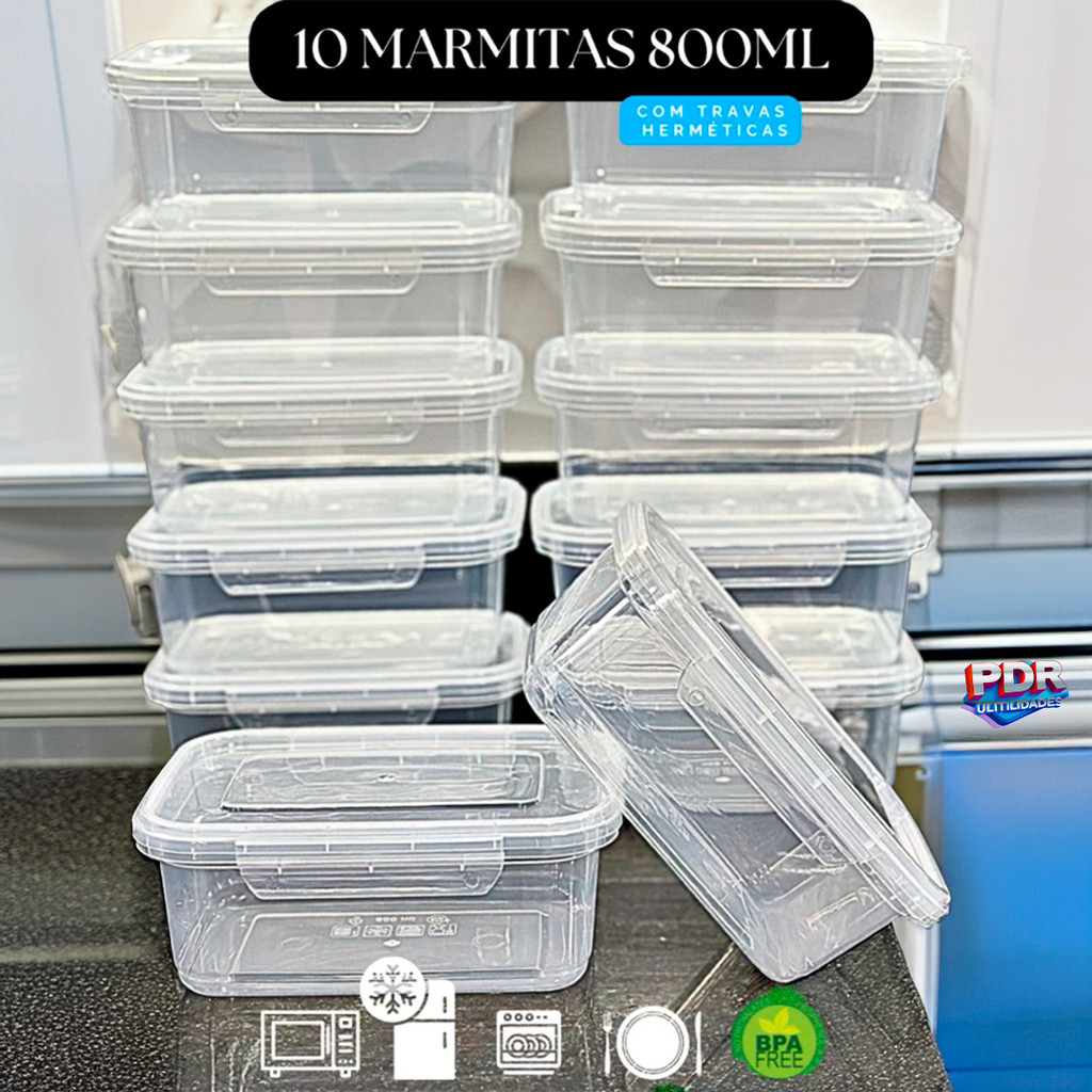 Kit com 10 Marmitas de 800ml com Travas Laterais BPA Free