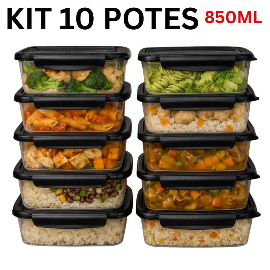 Kit 10 Marmitas com Travas Laterais 850ml BPA Free