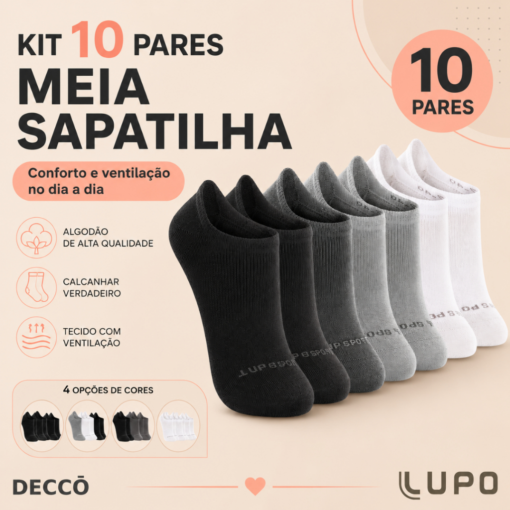Kit 10 Pares Meias Lupo Sport Cano Invisível Algodão Unissex