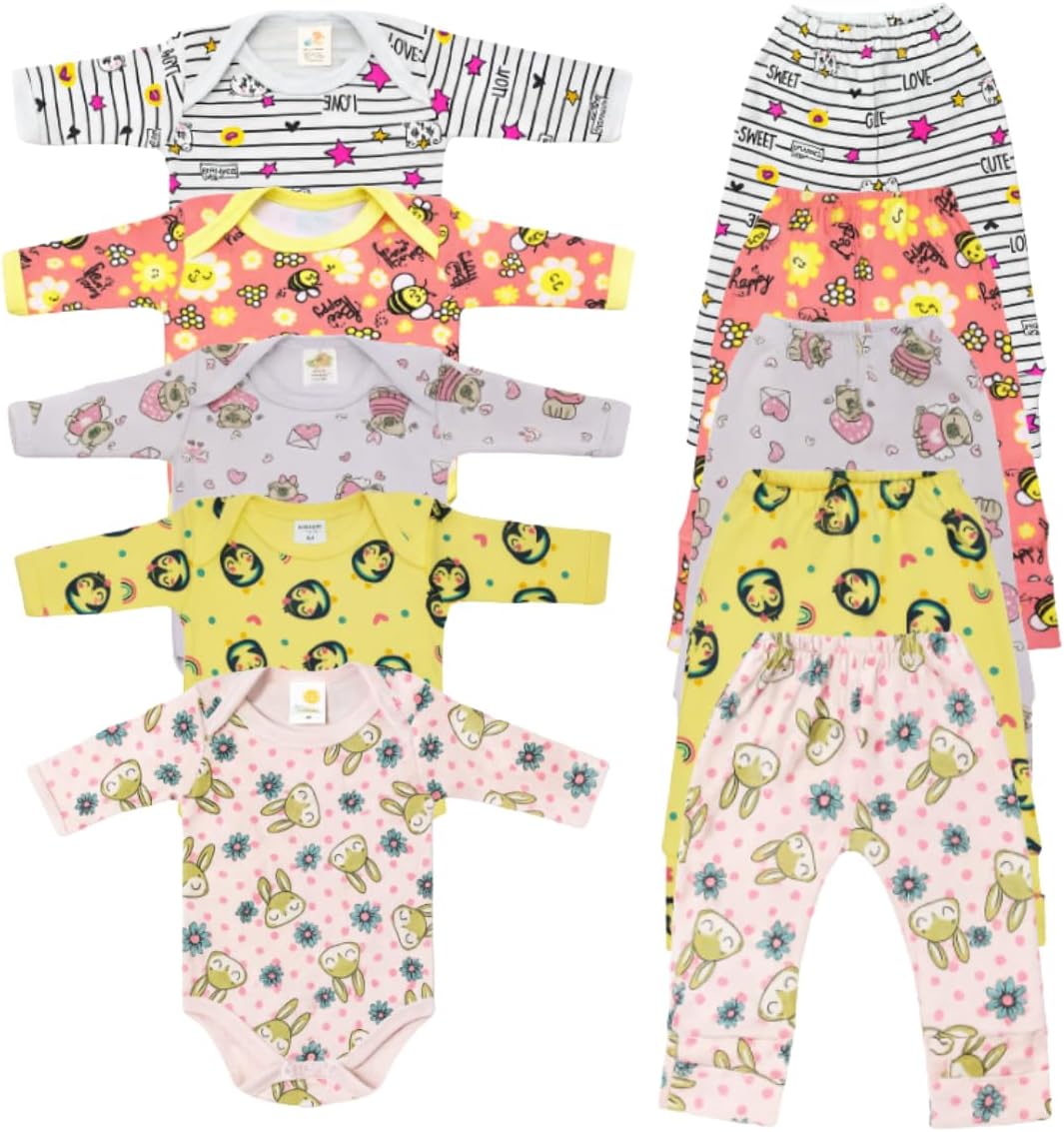 Kit 10 Peças Enxoval Bebê Body Manga Longa e Mijão Vira Pé