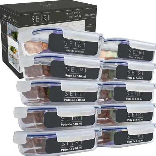 Kit 10 Potes de Vidro Marmita Hermético Seiri 640ml Azul-escuro