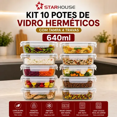 Kit 10 Potes Herméticos de Vidro Starhouse 640ml