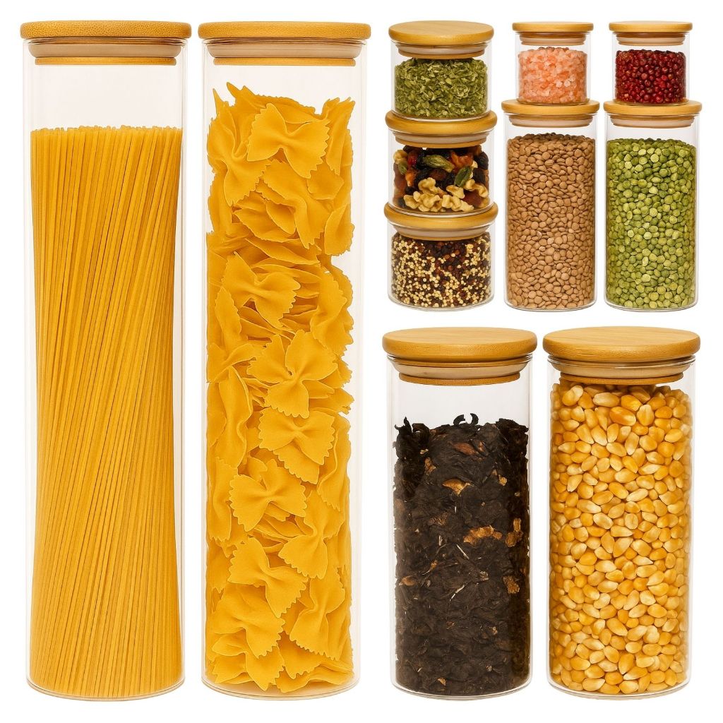 Kit 11 Potes Herméticos de Vidro Kontuz com Tampa de Bambu