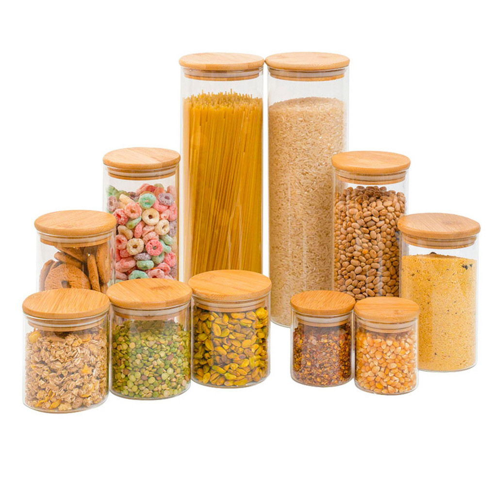 Kit 11 Potes de Vidro Borossilicato com Tampa de Bambu Hermético Tüd