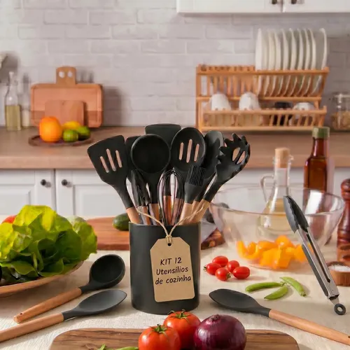 Kit 12 Utensílios de Cozinha em Silicone com Cabo de Madeira