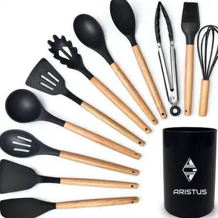 Kit 12 Utensílios de Cozinha em Silicone Premium Aristus com Cabo de Madeira