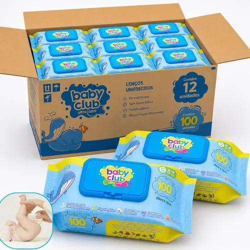 Kit 1200 Lenços Umedecidos Baby Club Aloe Vera (Caixa com 12 Packs)