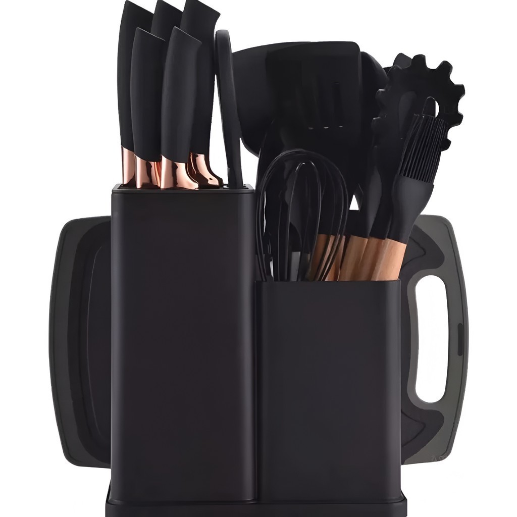 Kit 19 Peças Utensílios de Cozinha em Silicone com Tábua e Facas