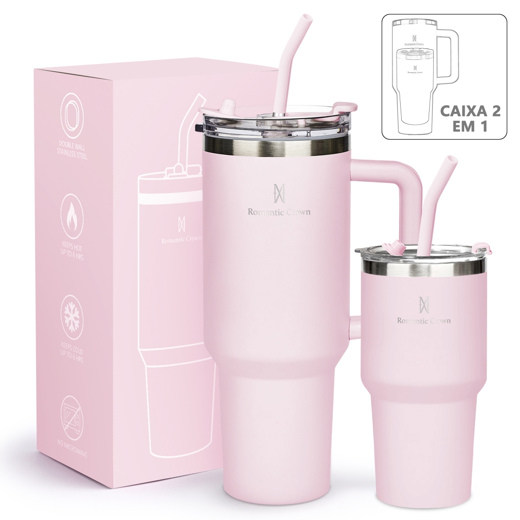 Kit 2 Copos Térmicos Romantic Crown Inox 1200ml e 600ml com Canudo