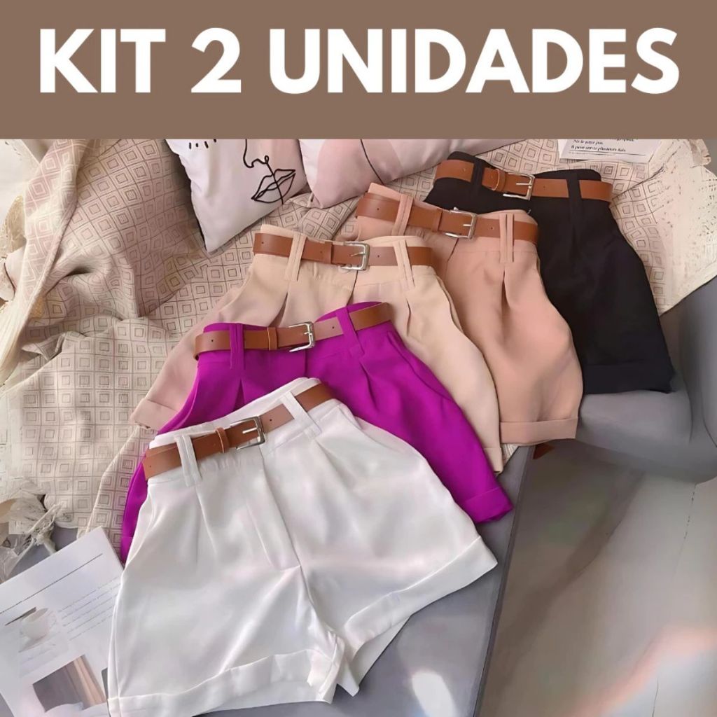 Kit 2 Shorts Alfaiataria Feminina Social com Cintura Alta e Cinto