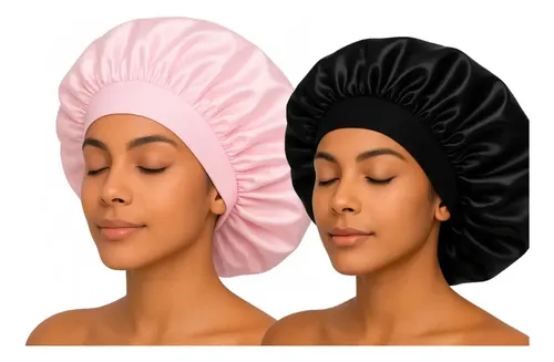 Kit 2 Toucas de Cetim com Faixa Anti Frizz Rosa e Preto