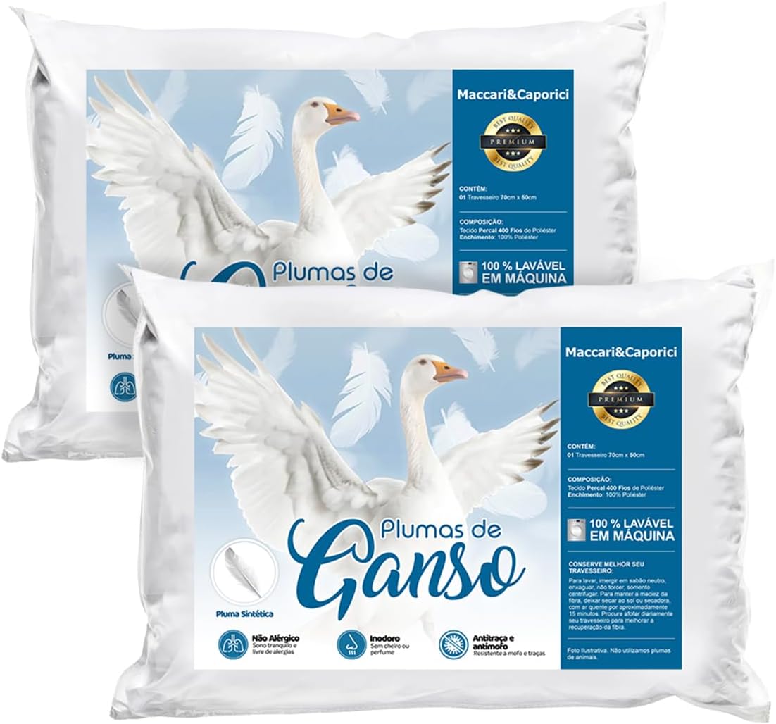 Kit 2 Travesseiros Premium Toque de Pluma 400 Fios Dois travesseiros brancos macios com acabamento premium sobrepostos em uma cama arrumada
