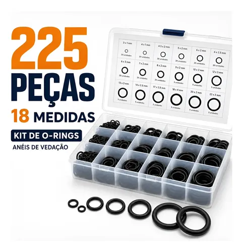 Kit 225 Anéis O-ring de Borracha Nitrílica com 18 Tamanhos