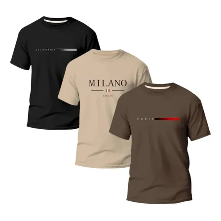 Kit 3 Camisetas Paris Milano Masculinas em Algodão Premium