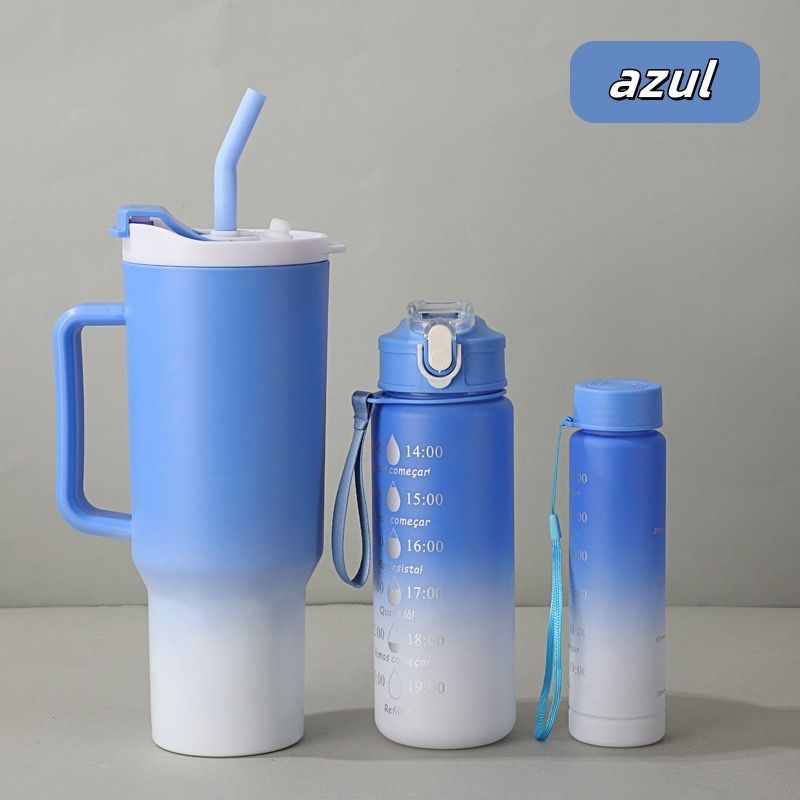 Kit 3 Garrafas de Água Squeeze Degradê com Adesivos e Lembretes