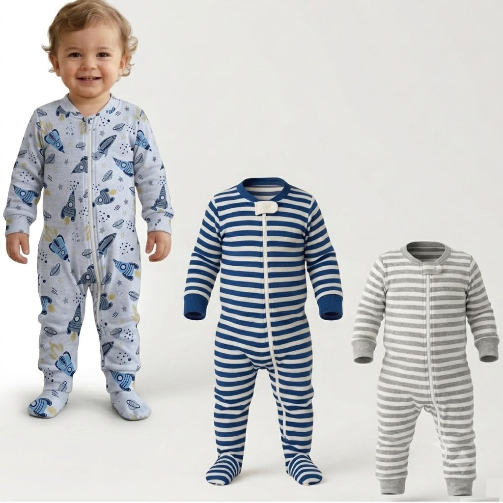 Kit 3 Macacões para Bebê em Algodão Suedine com Zíper e Vira Pé