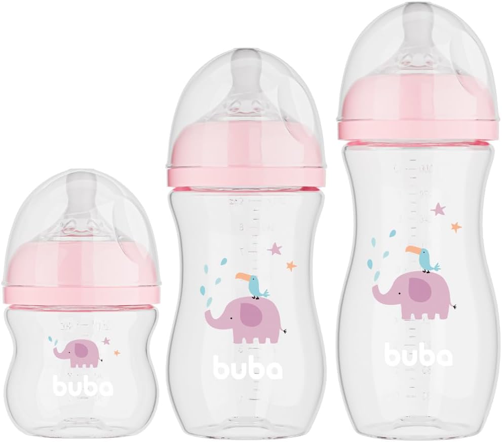 Kit 3 Mamadeiras Buba Easy Flow Elefante Rosa (120/270/330ml)