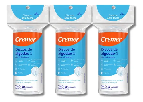 Kit 3 Pacotes de Discos de Algodão Cremer com 50 Unidades Cada