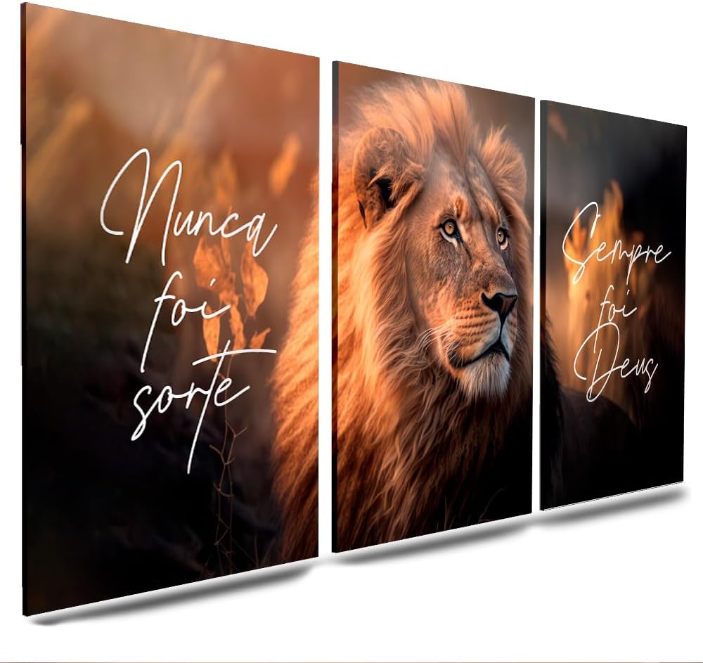 Kit 3 Quadros Decorativos Leão de Judá e Frase Motivacional