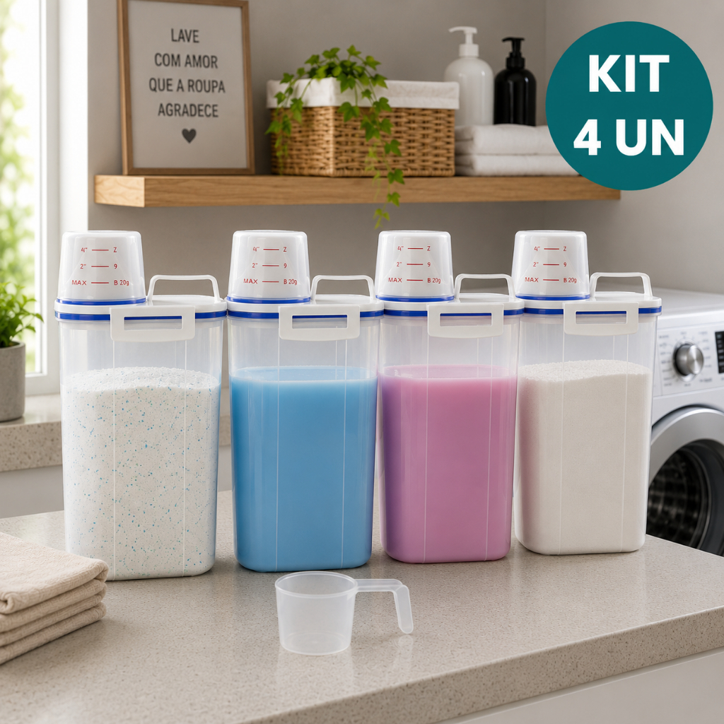 Kit 4 Potes Herméticos 2L para Lavanderia com Vedação e Copo Medidor