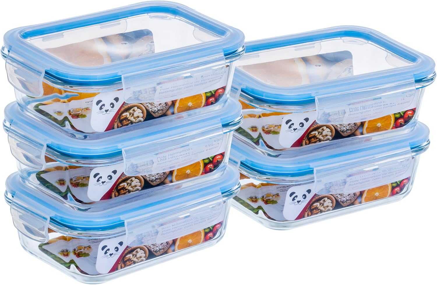 Kit com 5 Potes de Vidro Gato Panda 640 ml com Tampa Hermética