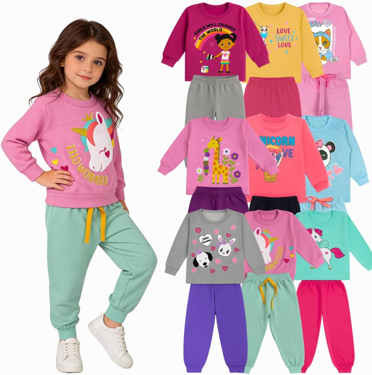 Kit 6 Peças Conjunto Moletom Infantil Feminino Inverno (3 Blusas + 3 Calças)
