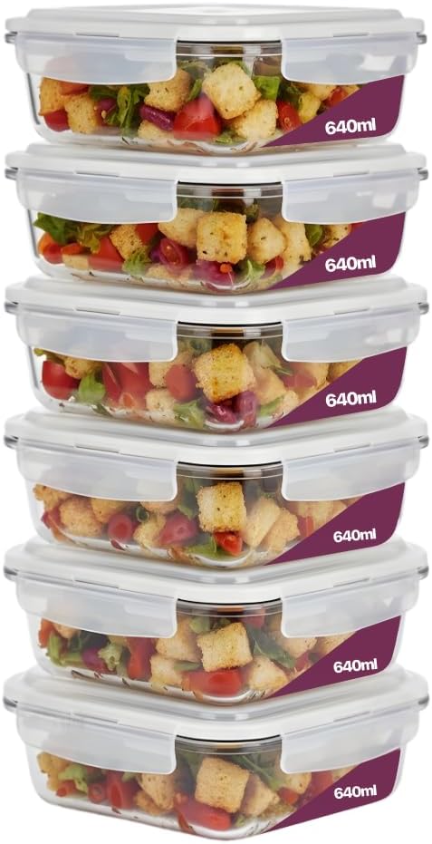 Kit 6 Potes de Vidro Borossilicato Retangular 640ml com Tampa Hermética
