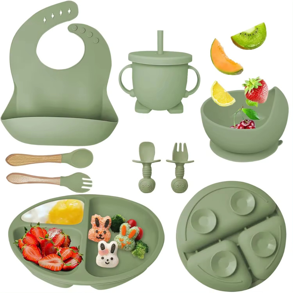 Kit 8 peças de Talheres e Pratos de Silicone para Bebê com Ventosa e Babador