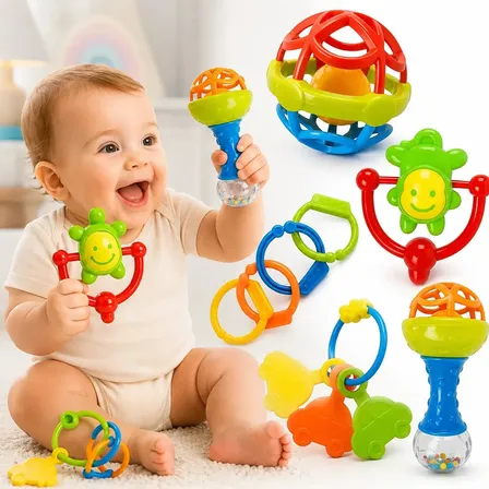 Kit Chocalho e Mordedores para Bebê com 8 Peças