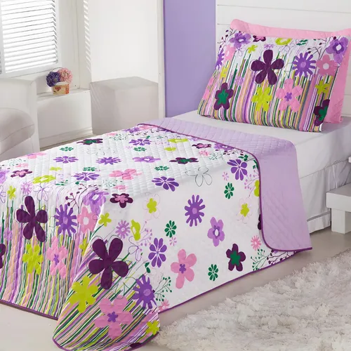 Kit Cobre Leito Solteiro Infantil 2 Peças Dupla Face Jardim Lilás