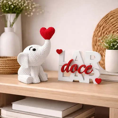 Kit Decorativo Elefante com Coração e Plaquinha Lar Doce Lar
