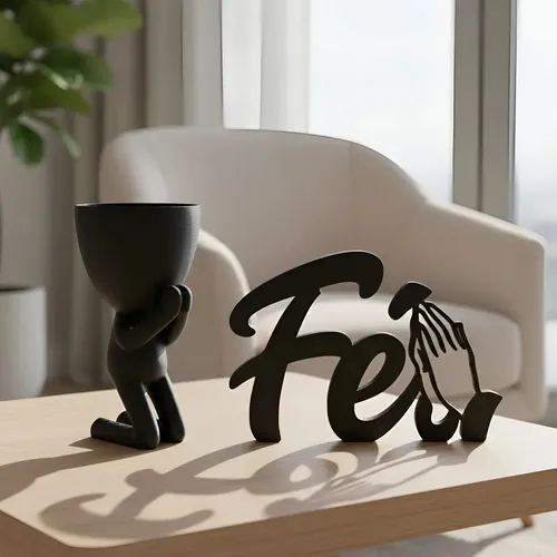 Kit Decorativo Vaso Boneco Orando Com Placa Fé