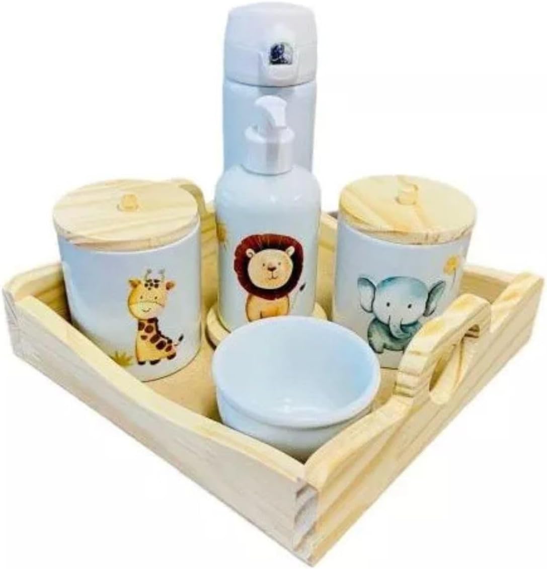 Kit Higiene Bebê Porcelana Safari com Bandeja e Garrafa Térmica
