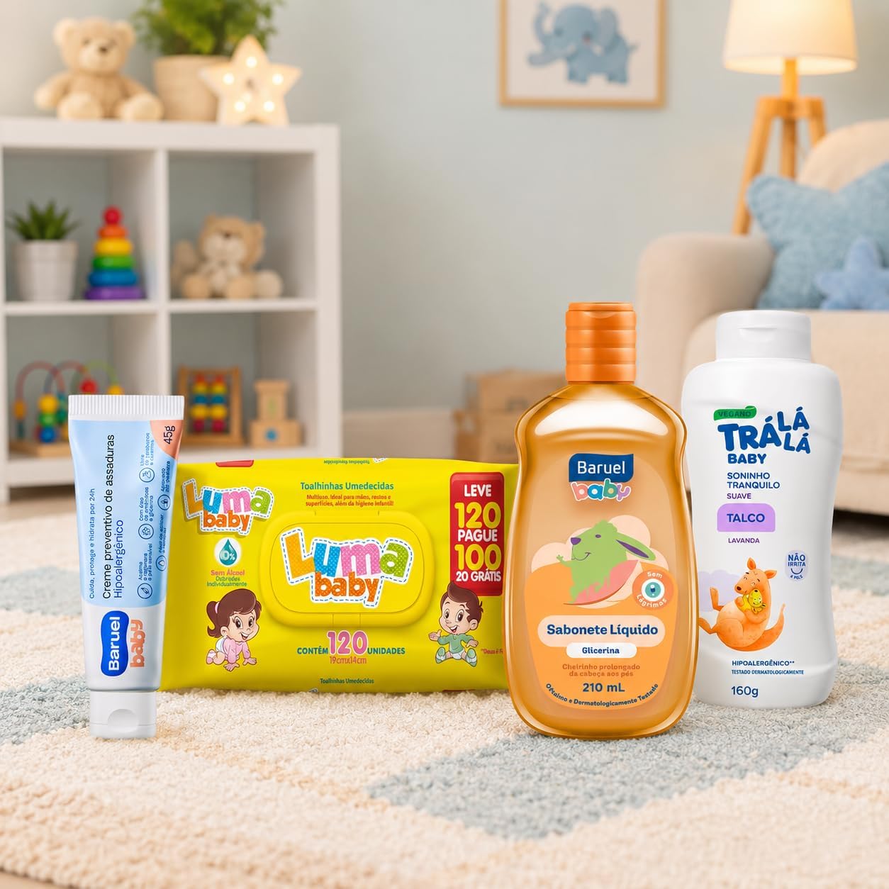 Kit Higiene Infantil para Bebês: Sabonete, Talco, Pomada e Lenços