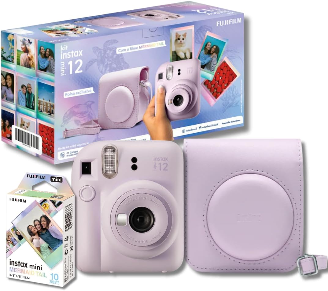 Kit Instax Mini 12 com Filme Mermaid Tail e Bolsa Lilás