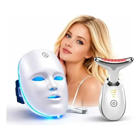 Kit Máscara LED 7 Cores Fototerapia com Massageador Facial