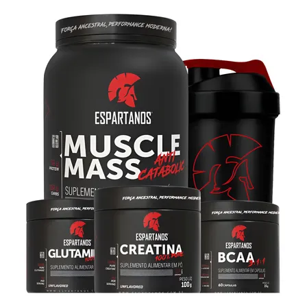 Kit Mass Hipercalórico + Bcaa + Creatina + Glutamina com Copo