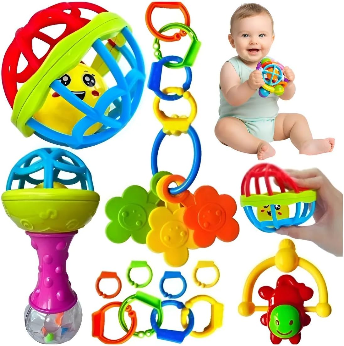 Kit Mordedor Bebê Colorido com 8 Peças Diversas