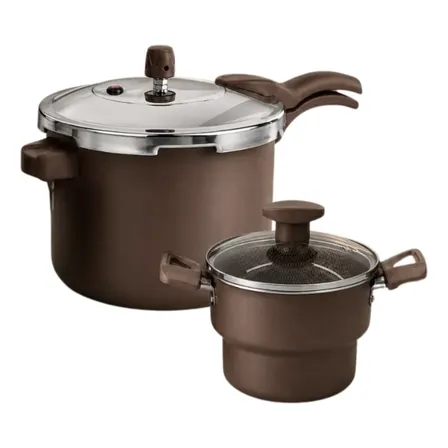 Kit Panela de Pressão 4,5L e Cuscuzeira com Tampa de Vidro Bege