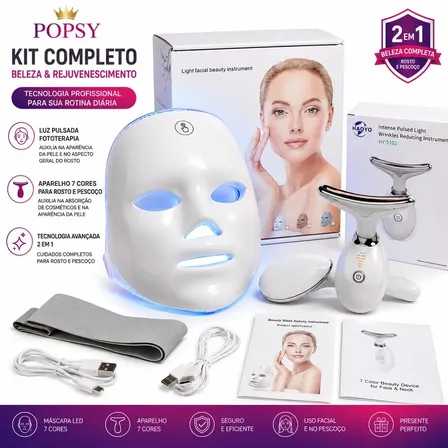 Kit Popsy Beleza: Máscara Facial LED 7 Cores e Aparelho de Skincare