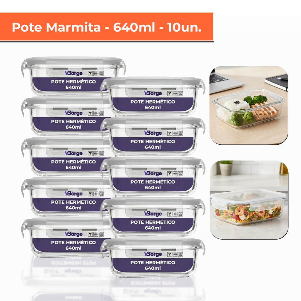 Kit Potes Herméticos em Vidro 640ml com 4 Travas para Marmita e Micro-ondas