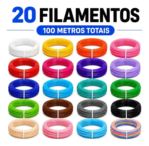 Kit Refil Filamento PLA 20 Cores com 100m para Caneta Impressora 3D