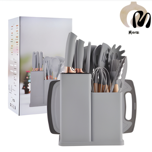 Kit Utensílios de Cozinha 19 Peças Silicone e Madeira
